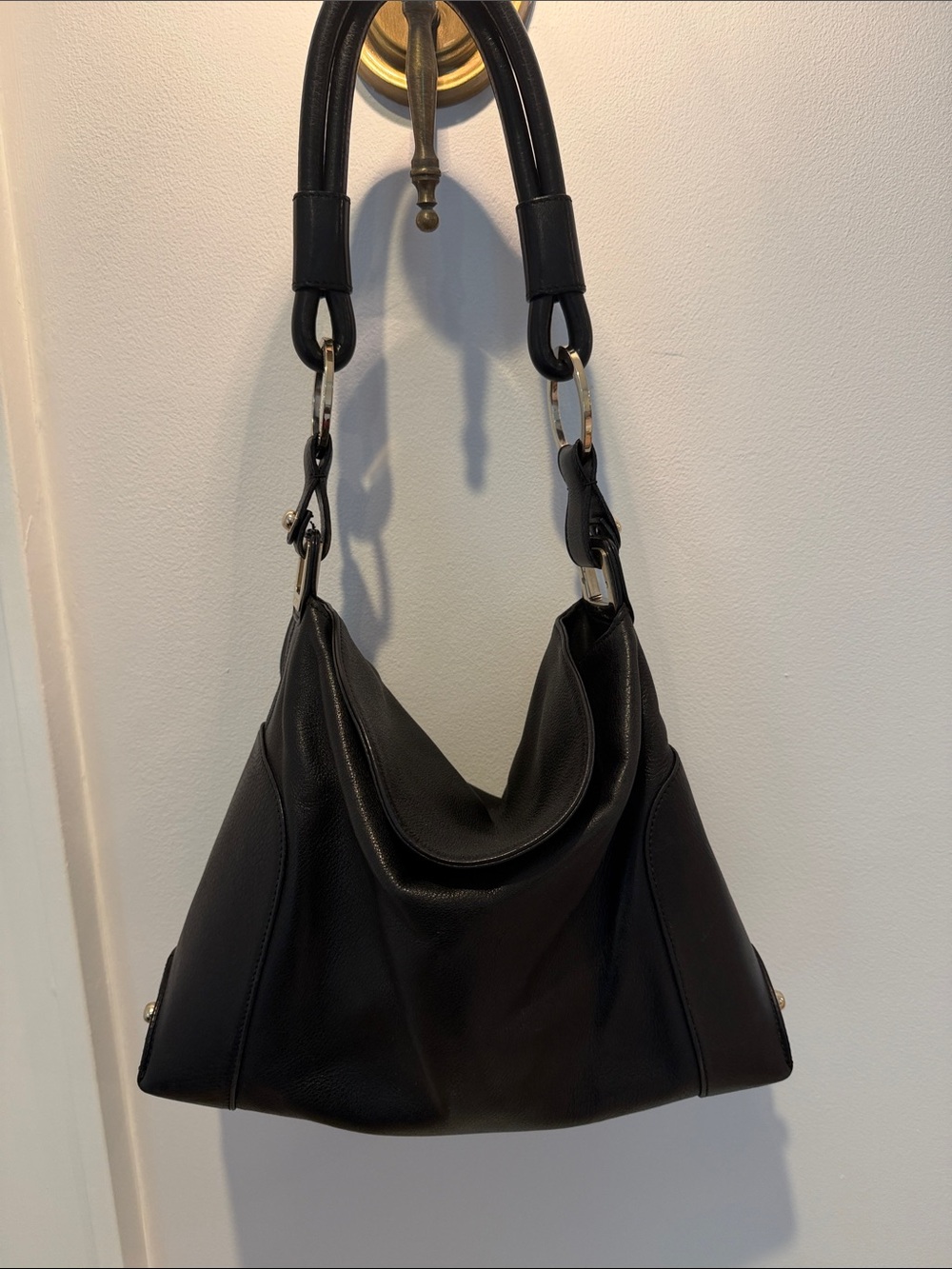 Black Leather Hobo Shoulder Bag - Unbranded